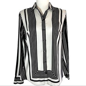 New York & Co Black White Striped Button Up Fitted Blouse Size Small